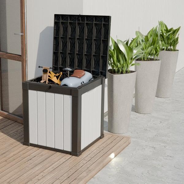 50-Gallon Outdoor Deck Box,Storage Lockable Waterproof Patio Furniture,Garden Tools,Cushions,Pool Accessories Outside Storage Resin Box(Black and White)