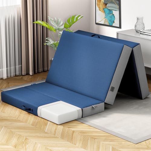 4 Inch Twin Folding Mattress for Floor and Traveling with Removable Cover - Lightweight and Portable Mattress for Adults & Kids - Compact and Easy to Storage (75in x 39in x 4in) - size: Twin (75in x 39in x 4in), style: Navy