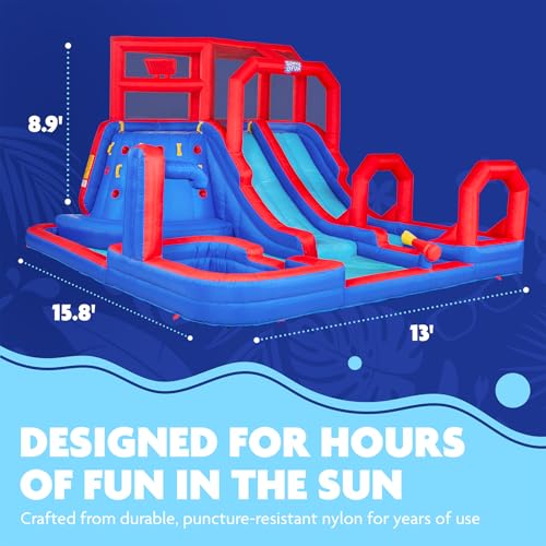 SUNNY & FUN Mega Climb N’ Go Inflatable Water Slide Park with Two Slides | Heavy-Duty Oxford Blow-Up Water Park for Kids Backyard with Deep Splash Pool, Air Blower & Carry Bag | Easy Setup & Drainage