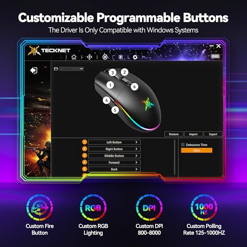 TECKNET Wireless Gaming Mouse 8000 DPI RGB Backlit Rechargeable Mouse-Black | 100Hrs Battery, Dual Mode(2.4G + USB-C) , 6 Programmable Buttons, Ergonomic Design for PC, Mac, Laptop and Gaming Setup