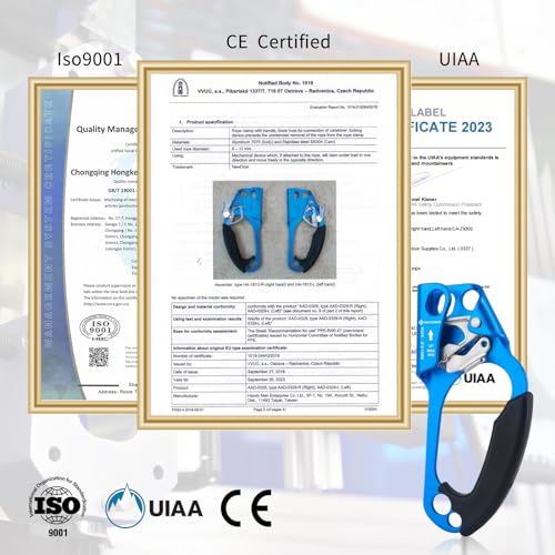 UIAA & CE Certified Hand Ascender Rock Climbing Tree Arborist Rappelling Gear Equipment Rope Clamp for 8~13MM Rope - color: Orange-Left+Blue-Right