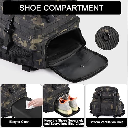LHI Tactical Military Backpack for Men and Women 25L/35L Army Assault Pack Bag Small Rucksack with Bottle Holder - color: 50l-shoe Compartment(blackcp), size: Large