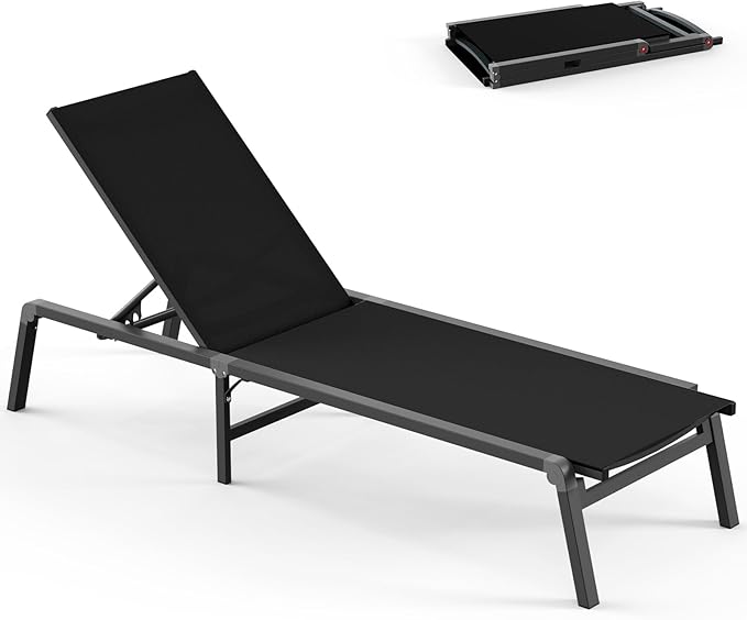 Chaise Lounge Outdoor, Foldable Aluminum Pool Lounge Chairs with 5 Positions Recliner - Free Assembly - Patio Chaise Lounge Chair for Poolside, Beach, Yard (Black)