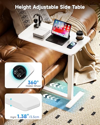 BIZUM Adjustable Bedside Table with Swivel Hidden Wheels Pneumatic Rolling Desk Mobile Standing Desk with Cup Holder for Hospital Home(31.5"x15.8" White) - color: White, size: 31.5"x15.8"