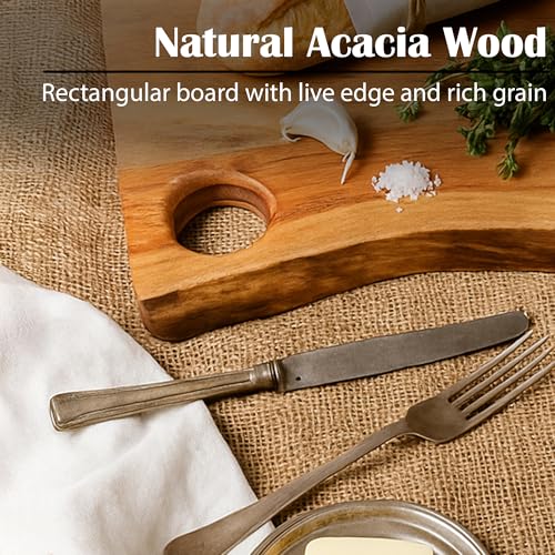GoCraft Acacia Wood Live Edge Cutting Board – 16 x 11 Inch – with Hole for Hanging | Rustic Rectangular Wooden Chopping Board | Charcuterie Cheese Tray | Food Serving Platter | Farmhouse Décor - size: 16"L x 11"W
