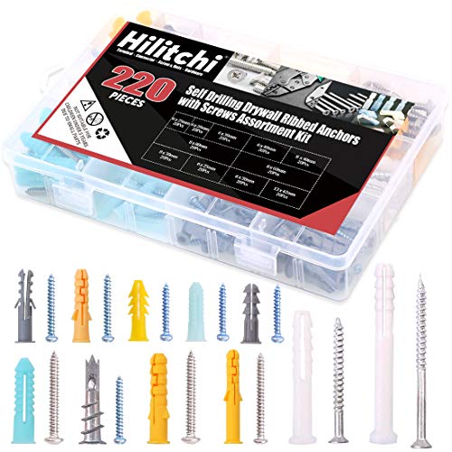 Hilitchi 220-Pieces Zinc and Plastic Self Drilling Drywall Anchors with Phillips Pan head Self Tapping Screws Assortment Kit