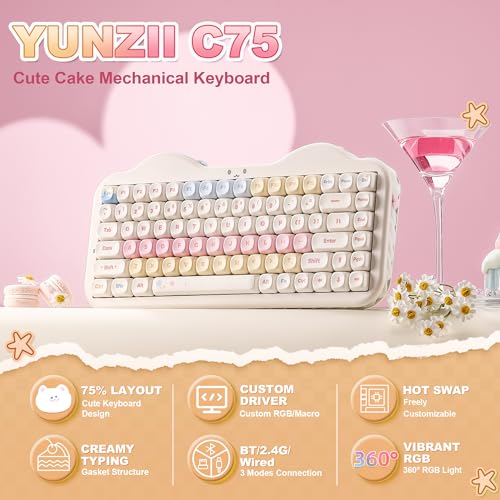 YUNZII C75 Cute 75% Wireless Mechanical Keyboard (Beige, Milk Switch) | Creamy Cake Keyboard, BT5.0/2.4G/USB-C, Hot-Swap, NKRO, PBT MOA Keycaps,5500mAh RGB Gasket Mount for Mac/Win/Gaming/Office - color: Beige, size: Milk V2 Switch