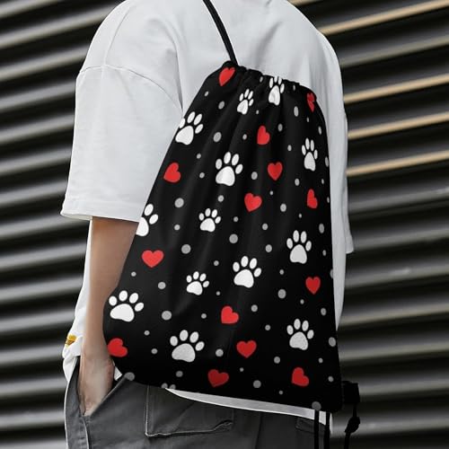 Swimming Drawstring Sack Waterproof Gym Backpack for Beach Sports Yoga Gear, Lightweight Unisex, Paw Prints And Hearts On Black Bags - color: Picture (31)
