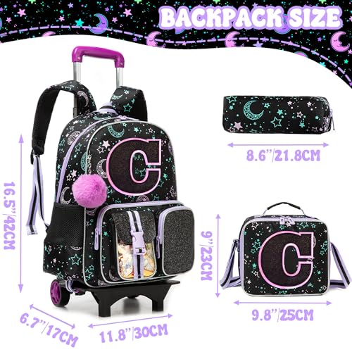 HTgroce Cute Rolling Backpack with Wheel,School Backpack for Kids Girl Roller Schoolbag Wheeled Backpacks Set Carry-on Luggage,Black C - color: Black, style: C