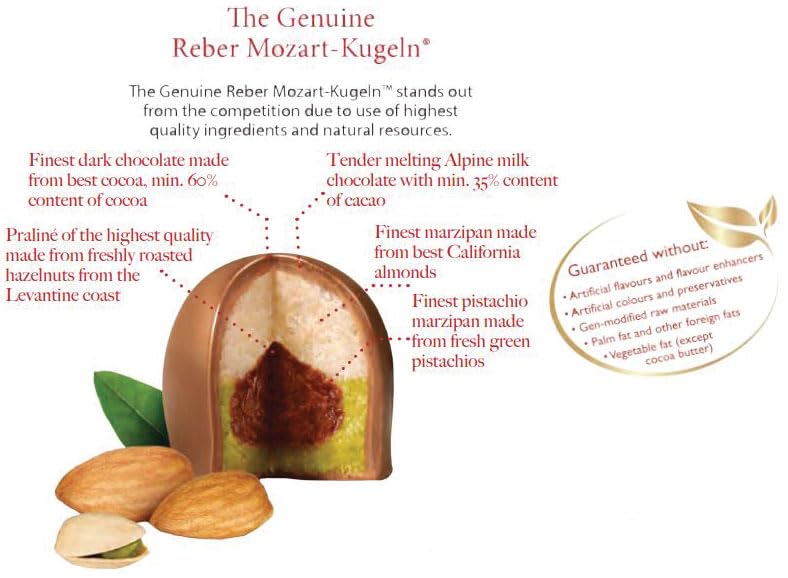 REBER Mozart Kugel Dark & Milk Chocolate - Gourmet Almond & Pistachio Marzipan, Hazelnut Praline, Kosher Confectionery for Gifting or Snacking | 8
