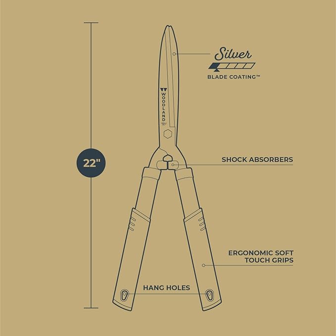 Woodland Tools 22" Regular Duty Hedge Shears - High Carbon Steel Blades, Non-Stick Coating, Cushioned Grips, Shock-Absorbing Bumpers, Manual Hedge Clippers for Shrubs and Bushes