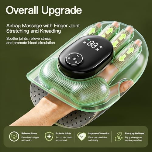Hand Massager with Heat and Compression, Finger Stretch&Knuckle Stretching, 4 Massage & 5 Compression & 3 Temperatures Modes, Gifts for Women Men (Green) - color: Green26