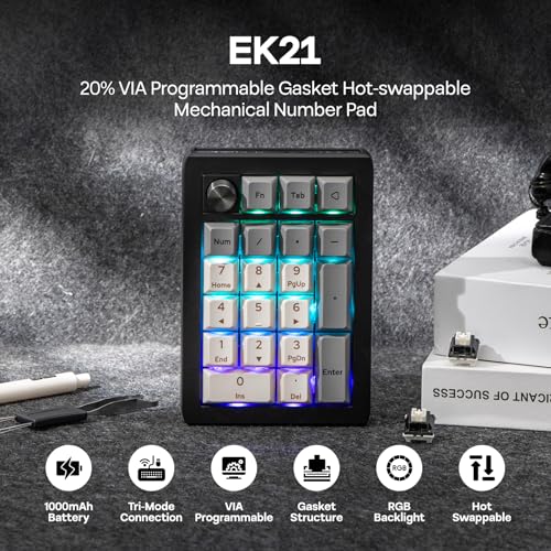 EPOMAKER EK21 VIA Gasket Number Pad w/ 1000mAh Battery, BT 5.0/2.4GHz/Wired | Hot-Swap Numpad with Aluminum Alloy knob, Programmable for Win/Mac/Gaming (Black Silver, Wisteria V2 Switch) - color: Black Silver, size: Wisteria V2 Switch