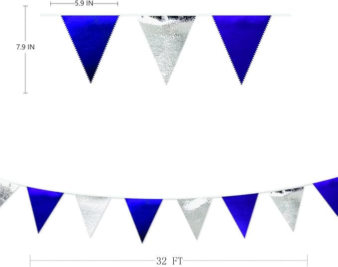 Royal Blue Silver Party Decorations Navy Blue Triangle Pennant Banner Flag Metallic Fabric Bunting Garland for Birthday Graduation Wedding Retirement Nautical Ahoy Achor Pirate Theme Party Supplies