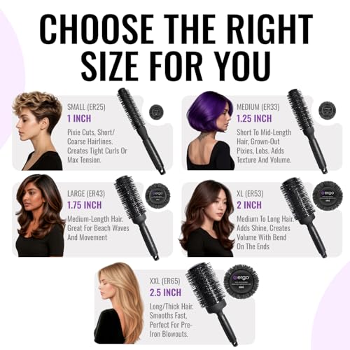 ERGO Ceramic Ionic Round Brush for Blow Out - Salon Quality Hair Brushes for Women - Roller Brush for Blow Drying, Wet and Dry Hair Styling, Volumizing Hair Care - ER53: 2" - size: XL - 2 Inch