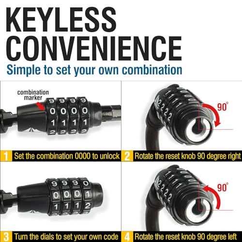 Straight Combination Bike Lock Cable - 3/8 inch (5FT, 10FT, 15FT, 25FT) Resettable Combination Lock, Anti-Theft Security Cable for Bicycles, Kayaks, Paddle Boards, Gates&Outdoor Gear (15 FT) - color: 15 FT