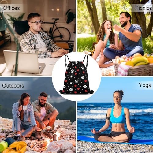 Swimming Drawstring Sack Waterproof Gym Backpack for Beach Sports Yoga Gear, Lightweight Unisex, Paw Prints And Hearts On Black Bags - color: Picture (31)