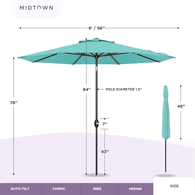 Midtown Umbrellas Sunbrella Umbrella 8 Feet Outdoor Umbrella With Sunbrella Black Acrylic Fabric - Auto-Tilt Aluminum Frame Patio Umbrella For Backyard, Deck, Garden, Pool - Black Pole
