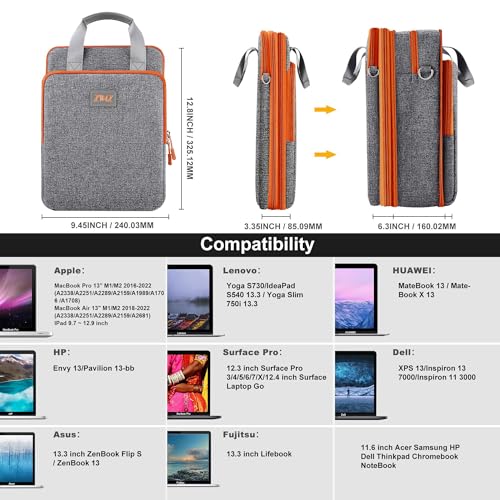 Laptop Shoulder Bag 12.3-13 inch Case Sleeve, Expandable Handbag with Valuables Compartment Compatible with MacBook Air/Pro/Neo 13", iPad 12.9"/13"/11", Shockproof,Gray-Orange edge - color: Gray-orange Edge