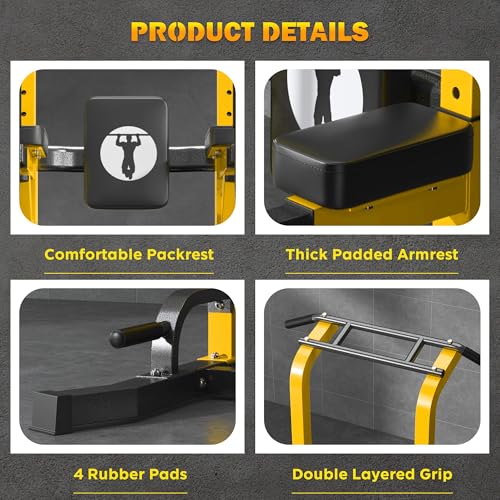DlandHome Power Tower Pull Up Bar Station, 10 Level Adjustable Height | Heavy Duty Pull Up Dip Station for Home Gym Strength Training Equipment, Comfortable Backrest, 330LBS Weight Capacity - color: Yellow