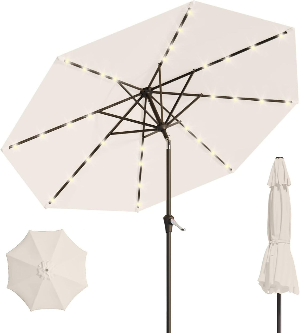 9FT Solar Umbrella 32 LED Lighted Patio Umbrella Table Market Umbrella w/Tilt and Crank, UV-Resistant Outdoor Umbrella for Pool, Garden, Deck, Creamy White