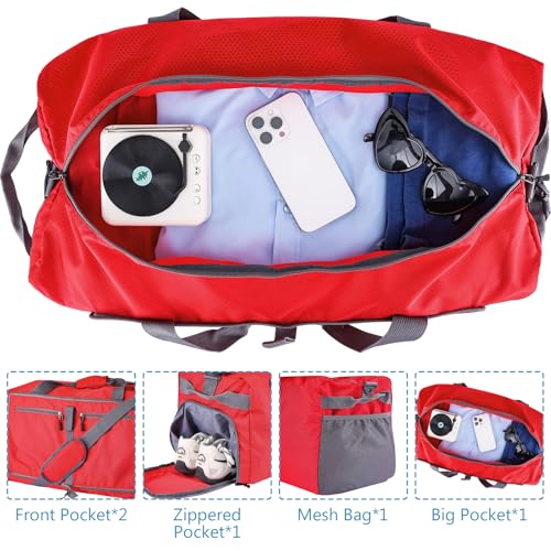60L Duffle Bag with Shoes Compartment - Foldable&Large Capacity Travel Duffel Bags, Lightweight & Water-Resistant Gym Bag - Red - color: 60L-Red