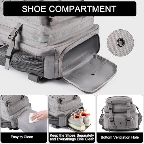 LHI Tactical Military Backpack for Men and Women 25L/35L Army Assault Pack Bag Small Rucksack with Bottle Holder - color: 50l-shoe Compartment(grey), size: Large