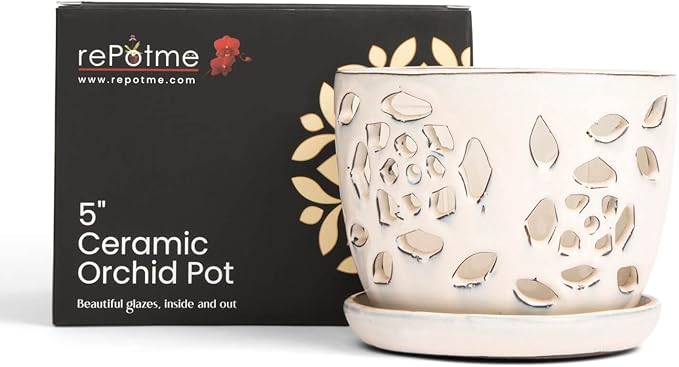 rePotme 5 inch Orchid Pot - Floral Cutout Ceramic Orchid Pot with Holes (White Diamond) - Includes 5 inch Slotted Pot Liner