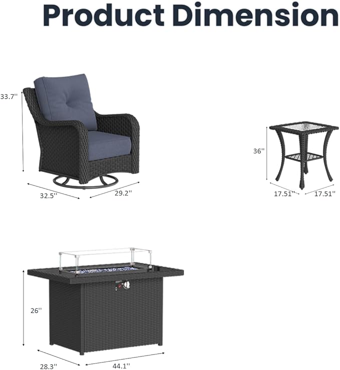 7 Pieces Outdoor Patio Furniture Sets with Rocking Swivel Chairs with 6-inch Thick Cushion and Fire Pit Table for Deck Lawn