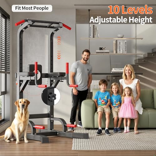 SogesPower Multi-Function Power Tower Pull Up Bar Station for Home Gym | 10-Level Adjustable Height Pull Up Bar Stand Dip Station Strength Training Workout Equipment - color: Black