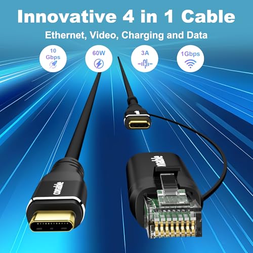 USB C to Ethernet Cable 4FT, 2-in-1 USB C to RJ45 Adapter (1Gbsp Ethernet) & USB C Cable (10G/4K/100W), Thunderbolt 4/5 Compatible, Ideal for MacBook, iPad Pro, XPS, Surface Pro, Essential for Travel - size: 4 FT