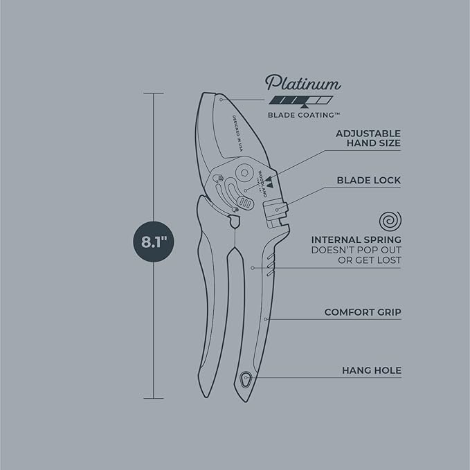 Woodland Tools Co. Heavy Duty Anvil Pruning Shears – 5/8" Cut Capacity, High Carbon Steel Blade, Internal Spring, Adjustable Grip Slider, Garden Pruner for Dry Branches, Stems, and Dead Growth