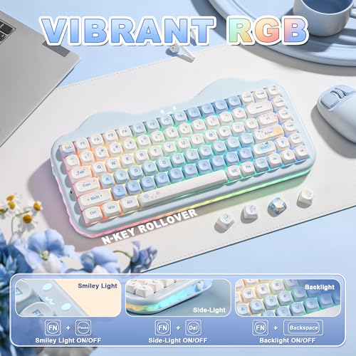 YUNZII C75 Cute 75% Wireless Mechanical Keyboard (Blue, Milk V2 Switch) | Creamy Cake Keyboard, BT5.0/2.4G/USB-C, Hot-Swap, NKRO, PBT MOA Keycaps,5500mAh RGB Gasket Mount for Mac/Win/Gaming/Office - color: Blue, size: Milk V2 Switch