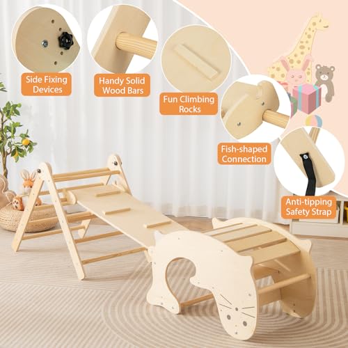 HONEY JOY 7 in 1 Climbing Toys for Toddlers, Wood Triangle Climber w/Ramp for Sliding or Climbing, Rocker, Foldable Montessori Triangle Climbing Arch Set for Daycare, Gym & Playground, Natural - style: 7 In 1 Natural