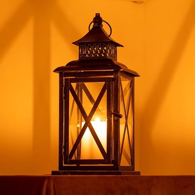 DECORKEY Lantern Decorative Indoor & Outdoor, Large Hanging Candle Lanterns Home Decor, Vintage Metal Candle Holders for Front Porch Patio Wedding Party, Halloween Christmas Decorations (Black)