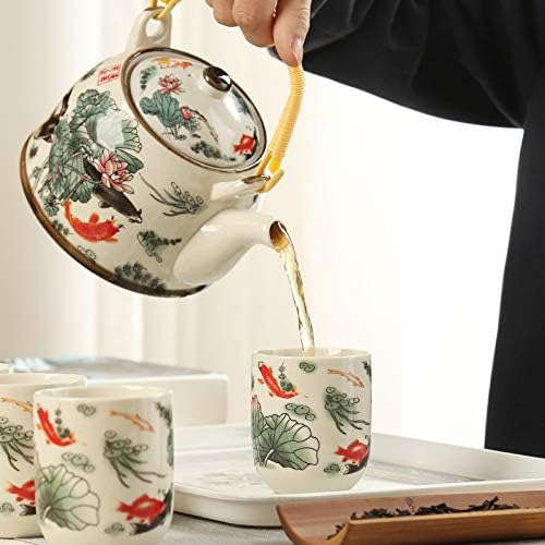 MOZEO 27oz Large Teapot Set Ceramic Tea Maker with Stainless Steel Infuser for Loose Leaf Tea or Bags Tilting Pot Floral Tea Kettle with 6pcs Cups (Lotus)