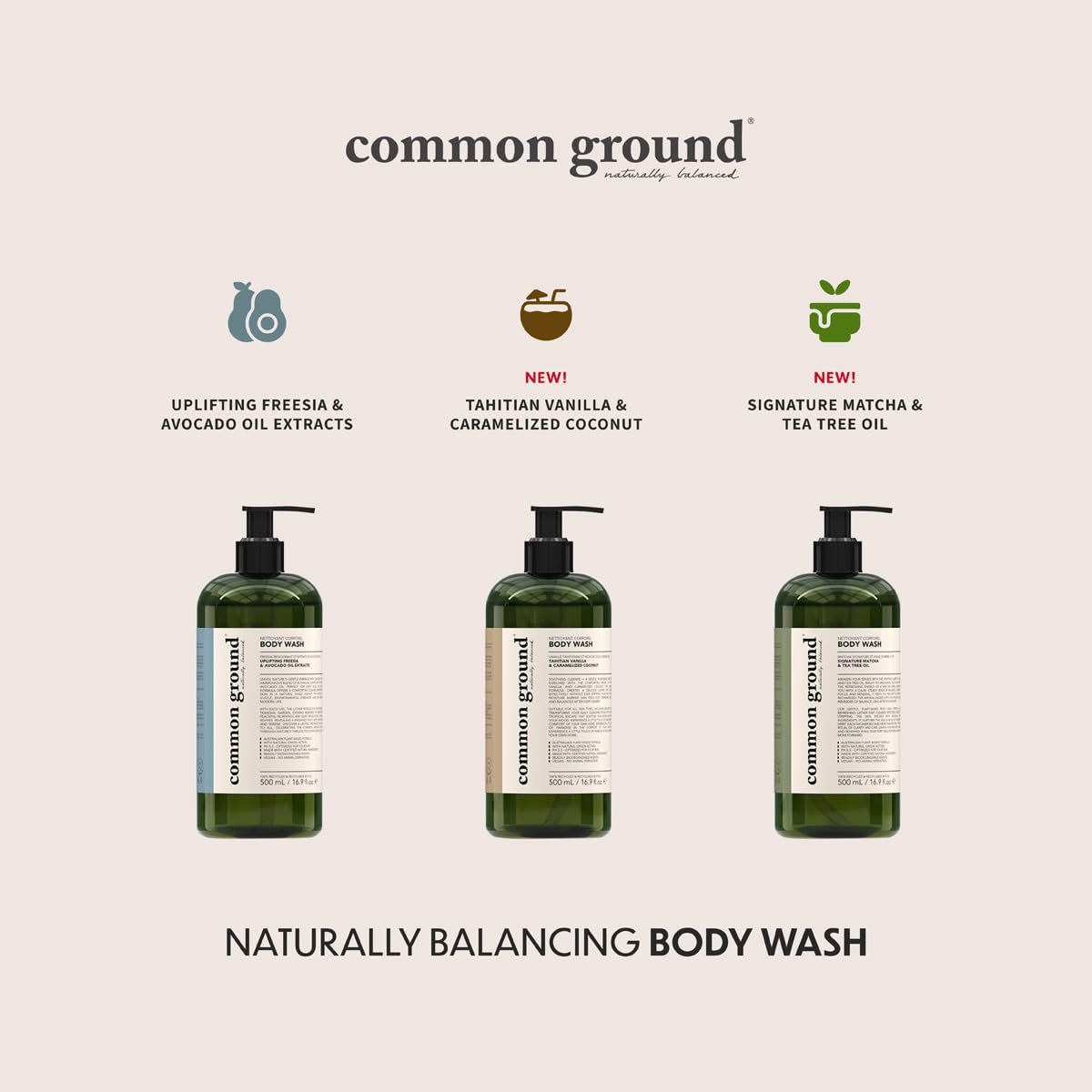 COMMON GROUND Natural Tea Tree Body Wash, Matcha Scent, Sensitive Skin