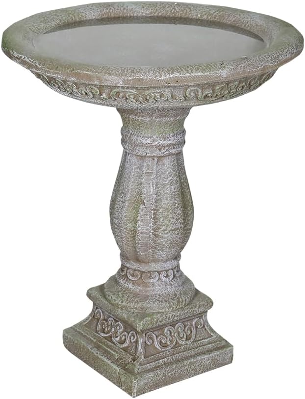 SunJet 23.8 Inch High Concrete Bird Bath with Carved Pedestal – Birdbath Sturdy & Elegant Design, Stone-Like Texture, Attracts Birds and Enhances Garden, Patio, Yard, Lawn Decor