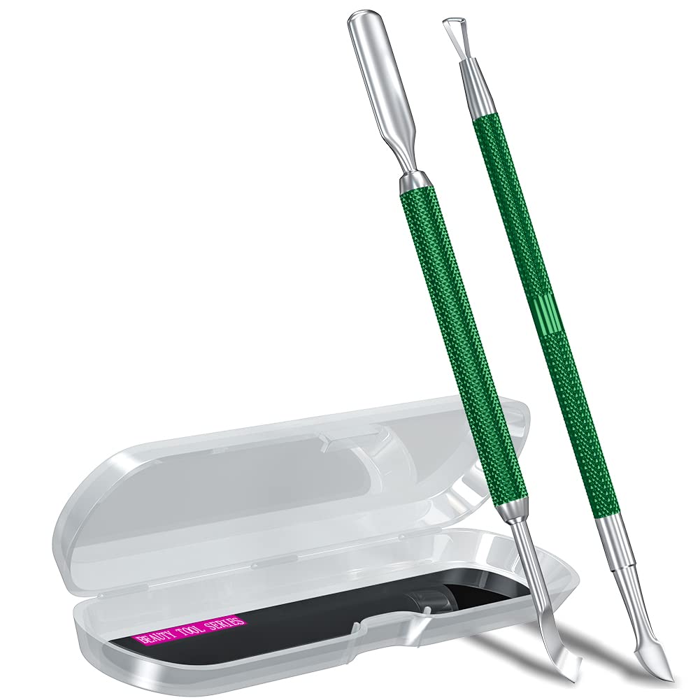 2Pcs Metal Dark Green Cuticle Pusher And Cutter Remover Salon Quality Stainless Steel Gel Nail Polish Peeler Scraper Durable Man