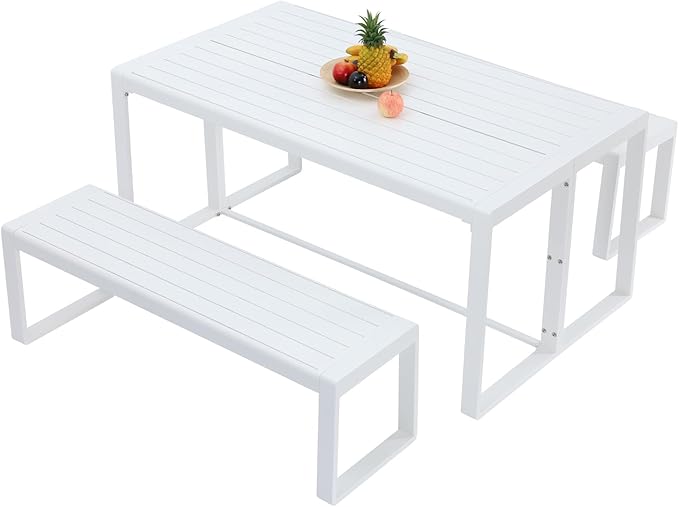 Aoodor 3-Piece Outdoor Patio Dining Set, Aluminum Furniture Set with 1 Rectangular Picnic Table and 2 Benches for Garden, Lawn, Yard