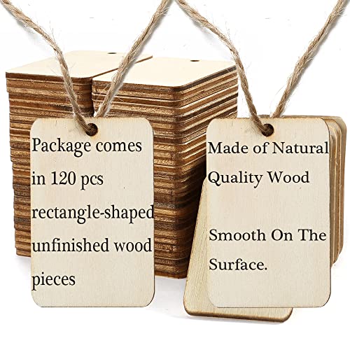 115 Pcs Unfinished Wood Pieces Rectangle-Shaped, HOOMBOOM 2 x 1.3 inch Light Wooden Cutout Natural Rustic with Hemp Rope, for Holiday Craft Projects, Hanging Decorations, Painting, Staining