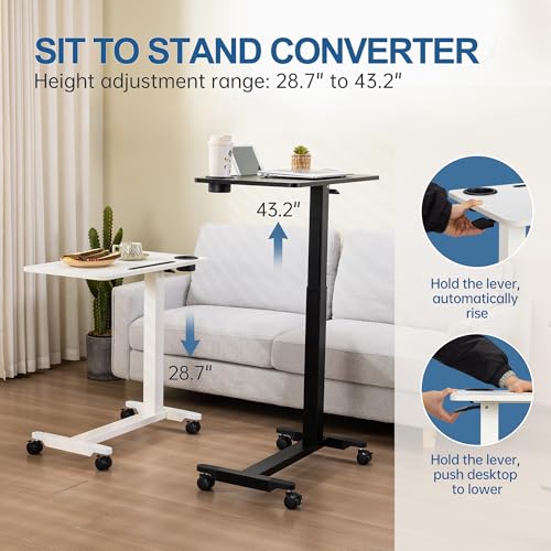 Adjustable Overbed Table with Wheels, Over Bed Tray with Cup Holder | Rolling Medical Adjustable Height Standing Laptop Desk, Portable Hospital Bedside Tables, Pneumatic Computer Cart| White - color: White