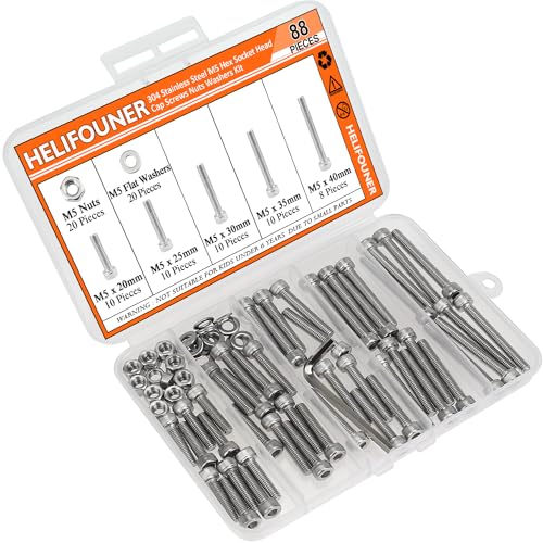 HELIFOUNER 88 Pieces M5 x 20mm /25mm /30mm /35mm /40mm, Hex Socket Head Cap Screws Bolts Washers Nuts Kit with Hex Wrench, 304 Stainless Steel - size: M5 Screw Kit (88 PCS)