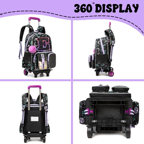 HTgroce Cute Rolling Backpack with Wheel,School Backpack for Kids Girl Roller Schoolbag Wheeled Backpacks Set Carry-on Luggage,Black E - color: Black, style: E