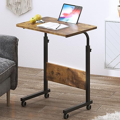 DlandHome 23.6 Inches Rolling Desk with Wheels Adjustable Height | Mobile Standing Desk Small Side Table Portable Laptop Cart PC Table, C-Shaped Bed Couch End Tables, Rustic Brown - color: Retro, size: 23.6 Inch