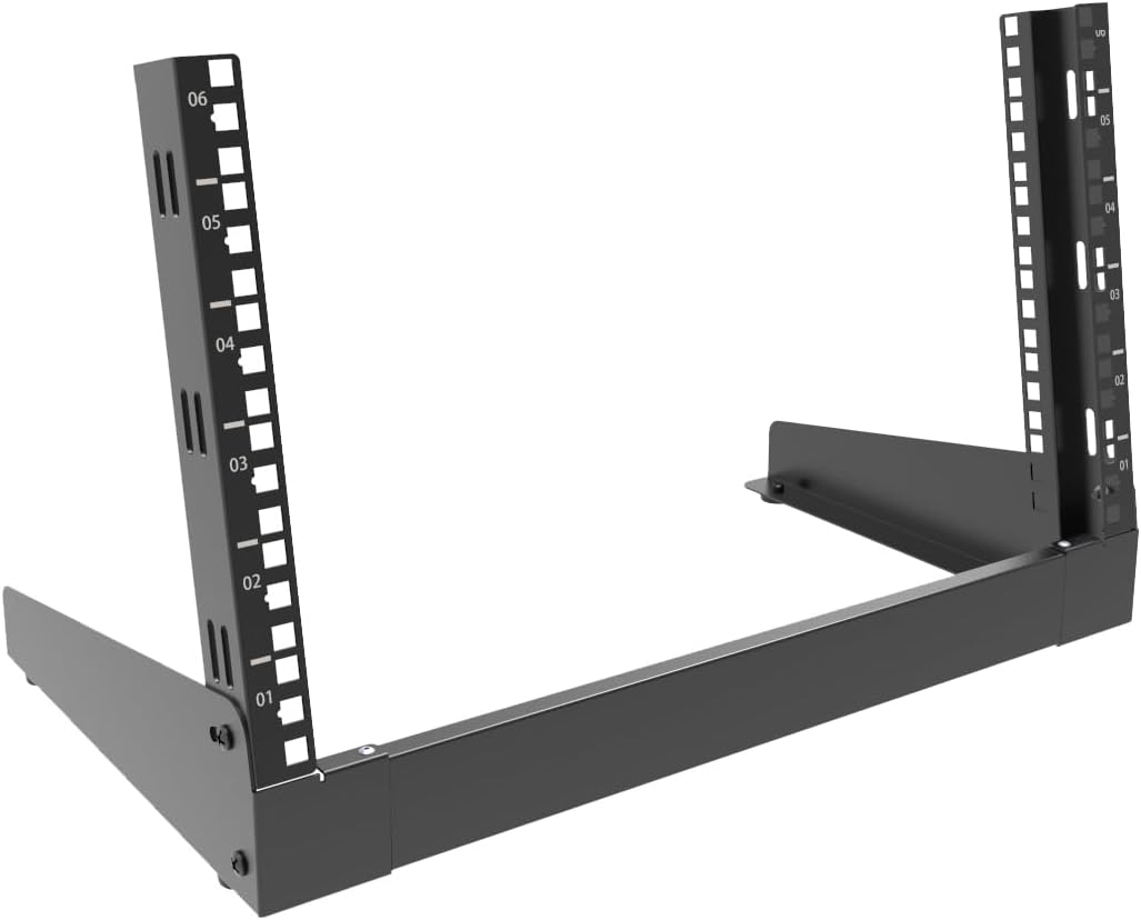 JINGCHENGMEI 6U Desktop Network Rack 19 inches Small Open Frame Rack 2 Post Free-Standing Tabletop Rack for Patch Panel, Data, AV, IT,Studio or Computer Equipment (6U)