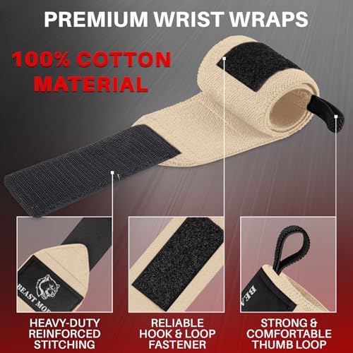 TECEUM Weightlifting 18" & 12" Wrist Wraps with Thumb Loop – Heavy Duty Wrist Workout Braces for Men and Women – Ideal for Powerlifting, Strength Training, Bodybuilding - color: Beige, style: 12" – Arms on Fire