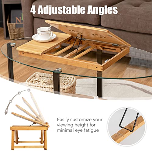 ReunionG Bamboo Laptop Desk with Drawer, Height Adjustable and 4-Level Tilting Desktop, Foldable and Portable Lap Tray with Heat-Dissipation Holes, Tray Table Stand for Surfing Reading Writing Eating