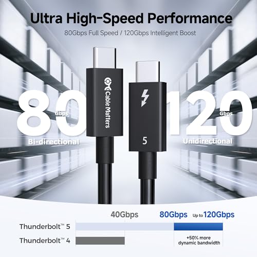 Cable Matters [Intel Certified] 80Gbps Thunderbolt 5 Cable, 1.6ft / 0.5m | [Up to 120Gbps Boost, 8K@120Hz / 6K@240Hz / 4K@540Hz with DSC, 240W, 80G Data Transfer], Black, Supports TB 4/3, USB4, USB-C - color: Black, size: 1.6 ft