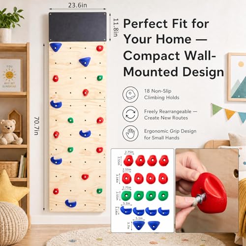 Rock Climbing Wall for Kids, 82.5 x 23.6 Inch Indoor Gym Playground Play Set with Drawing Blackboard, Wooden Climber & 18 Holds, Rock Wall for Home Gym Kids Ages 3+ Years, Easy Assembly